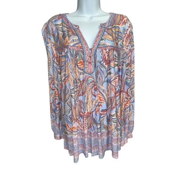 Democracy 2X Top Blue Orange Green Floral Soft Rayon Peasant BOHO Long Sleeves - Picture 1 of 4